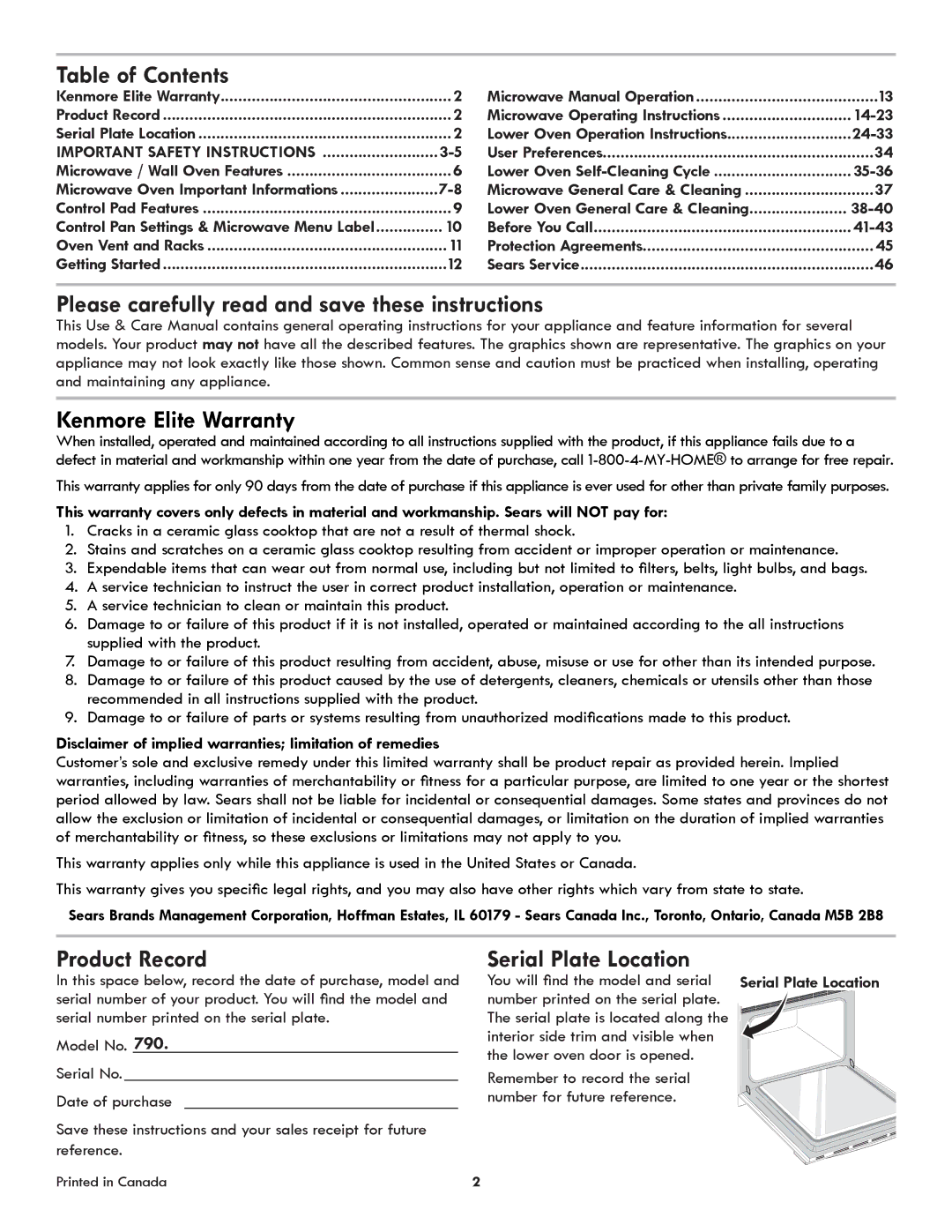 Kenmore 790.489, 790.488 manual Table of Contents, Please carefully read and save these instructions, Product Record 