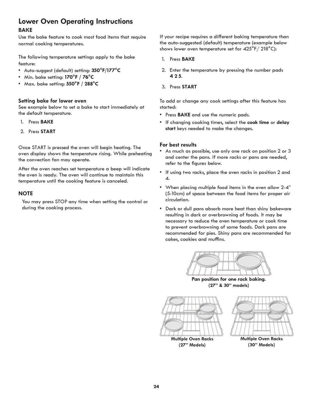 Kenmore 790.489, 790.488 manual Lower Oven Operating Instructions, Setting bake for lower oven, For best results 