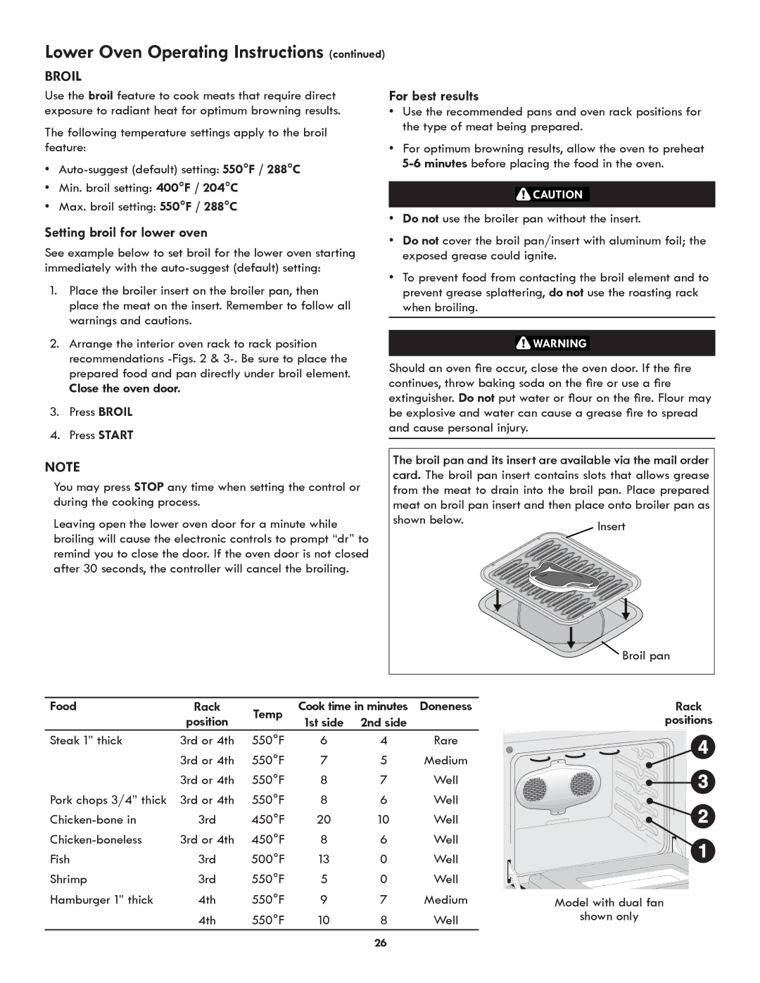 Kenmore 790.489 manual Setting broil for lower oven, Close the oven door, Food Rack Temp, 1st side 2nd side, Rack Positions 