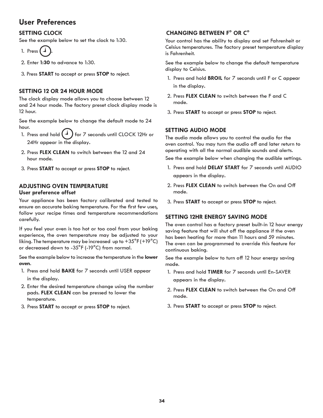 Kenmore 790.489, 790.488 manual User Preferences 