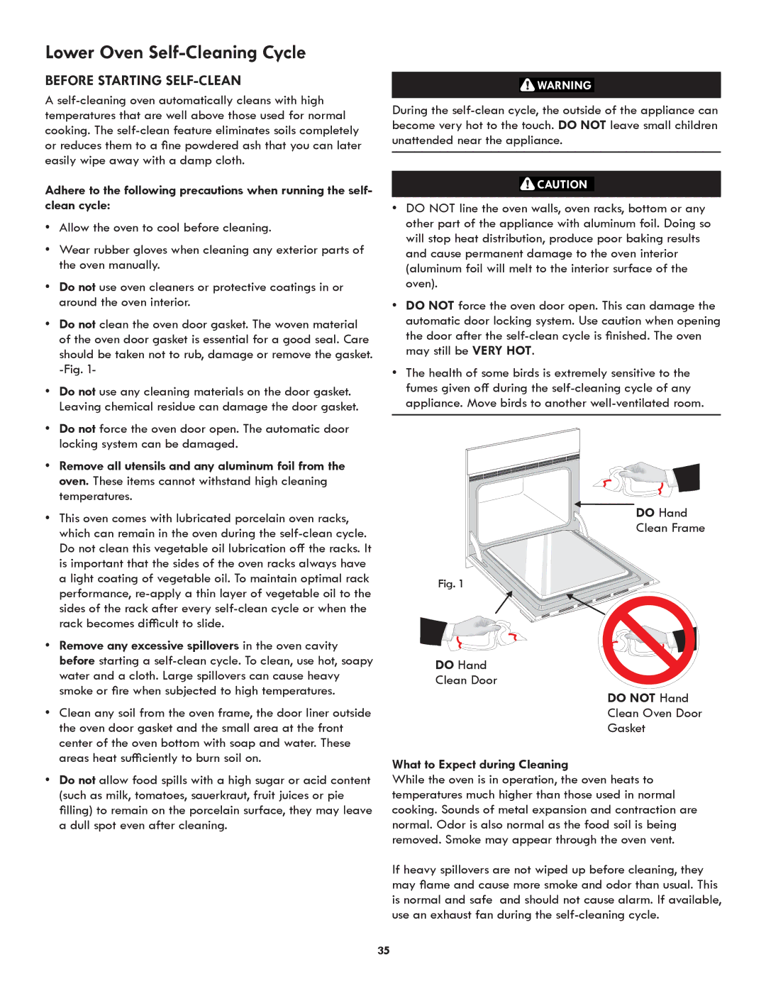 Kenmore 790.488 Lower Oven Self-Cleaning Cycle, Before Starting SELF-CLEAN, Do not Hand, What to Expect during Cleaning 