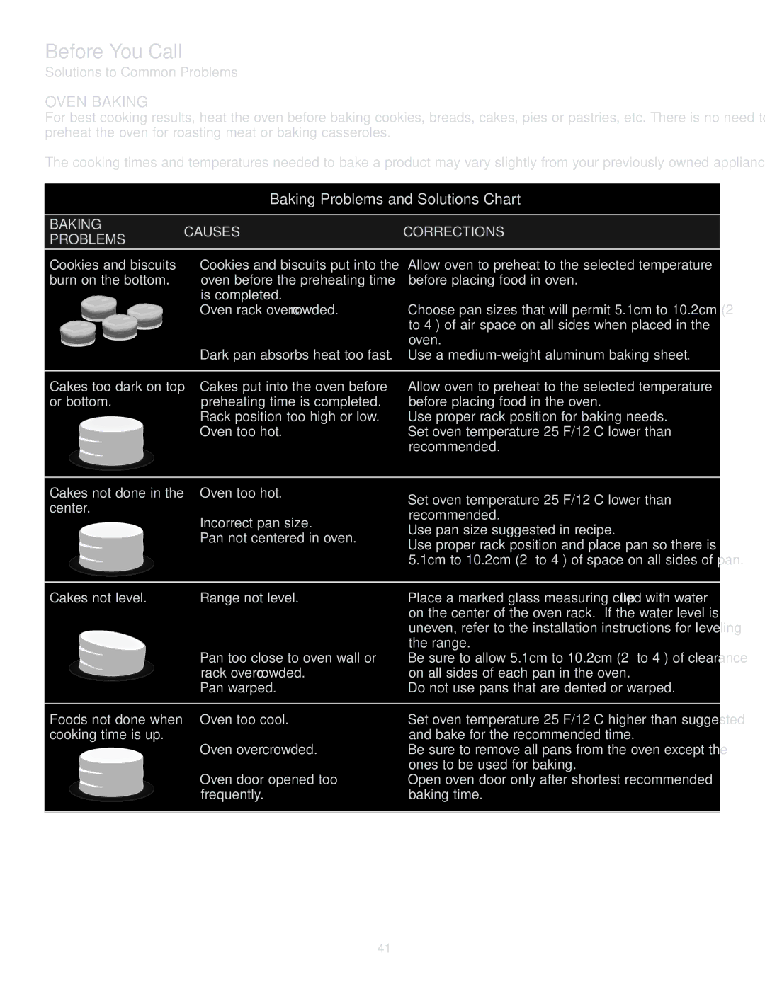 Kenmore 790.488, 790.489 manual Before You Call, Oven Baking, Baking Problems and Solutions Chart 