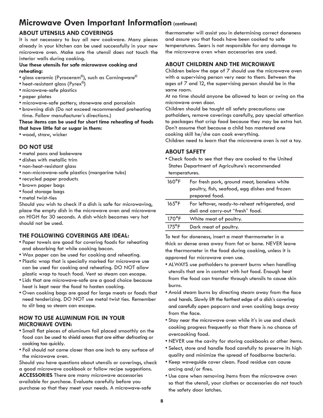 Kenmore 790.489 About Utensils and Coverings, Do not USE, Following Coverings are Ideal, About Children and the Microwave 