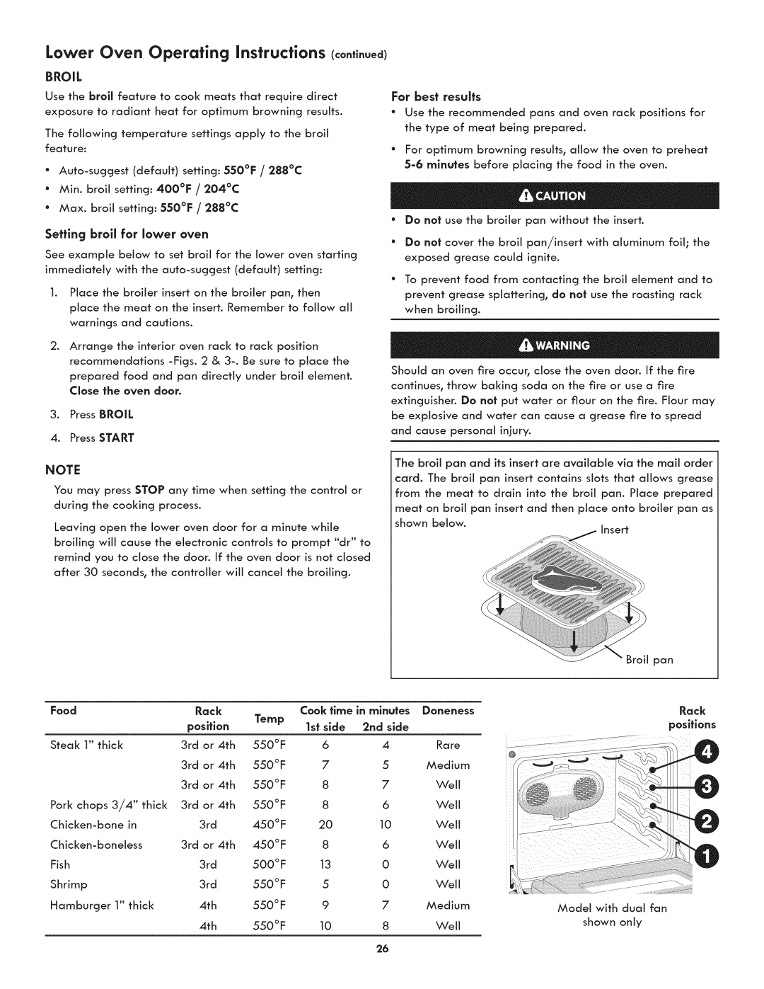 Kenmore 790.489 Lower Oven Operating instructions continued, Setting broil for lower oven, Food, Cook time, in minutes 