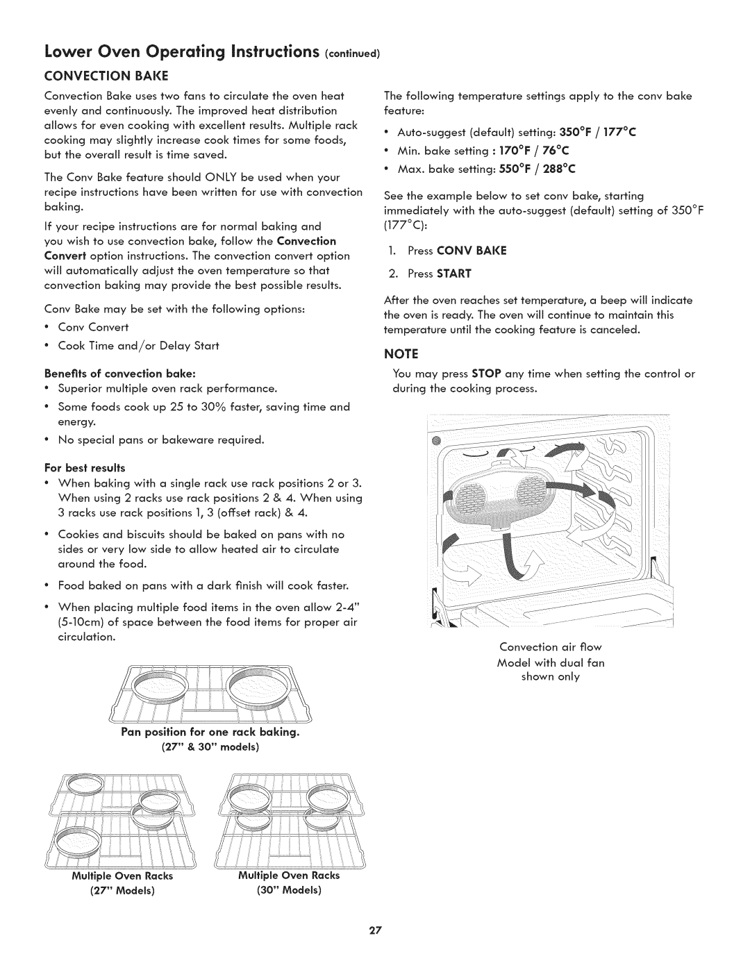 Kenmore 790.488, 790.489 Lower Oven Operating instructions continued, Convection Bake, Pan position for one rack baking 