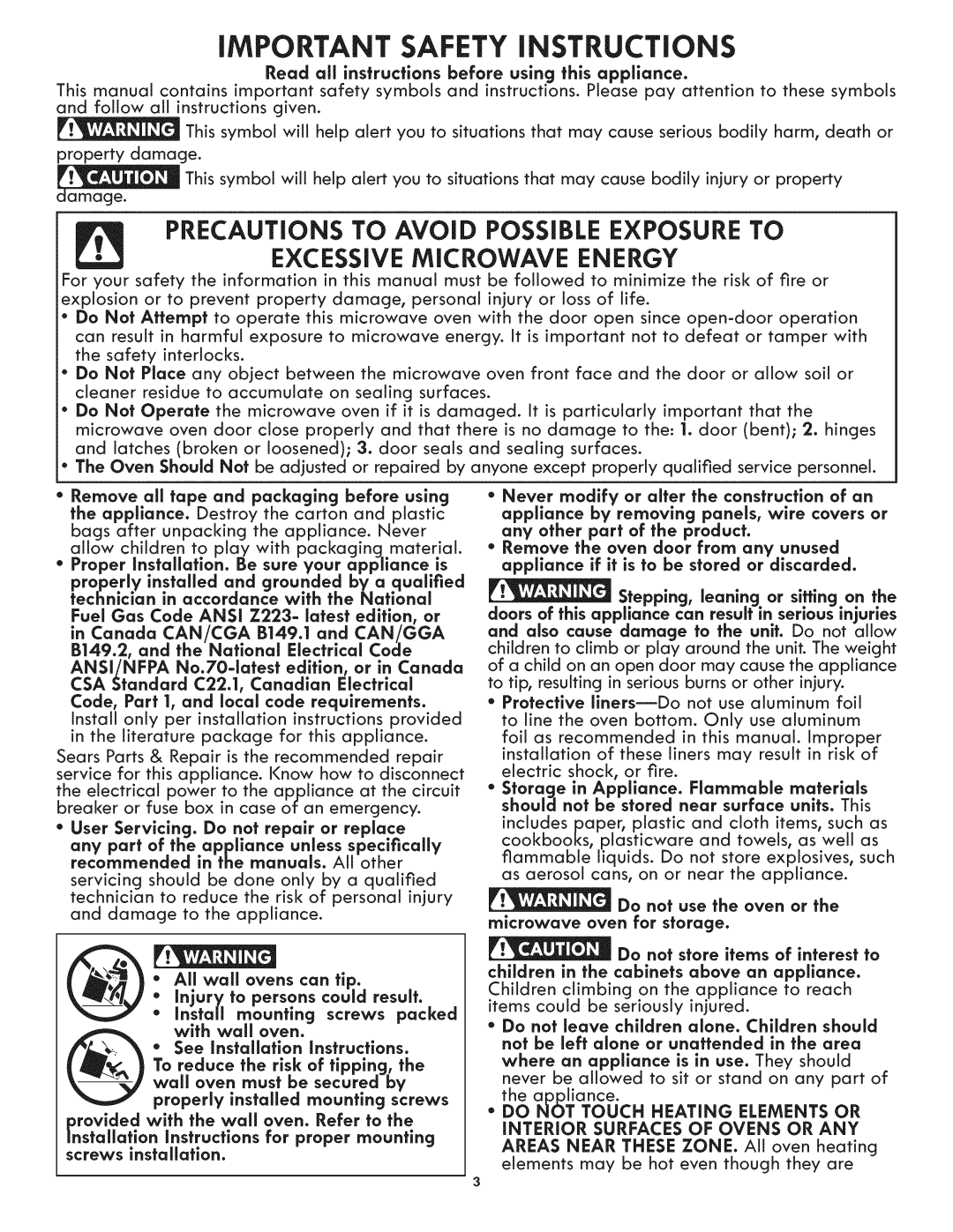 Kenmore 790.488 manual iMPORTANT SAFETY iNSTRUCTiONS, Precautions To Avoid Possible Exposure To, Excessive Microwave Energy 