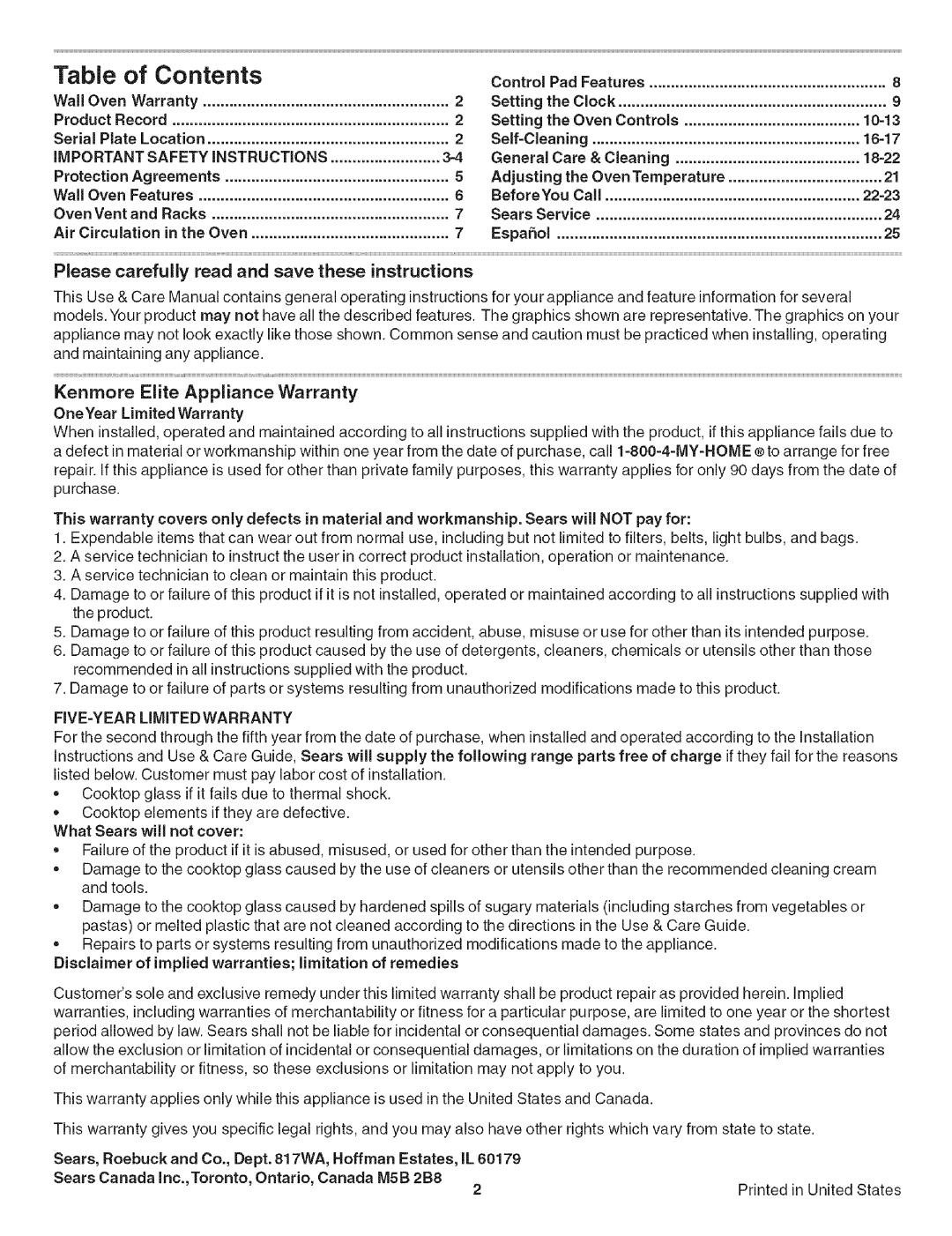 Kenmore 790.4906 manual Contents 