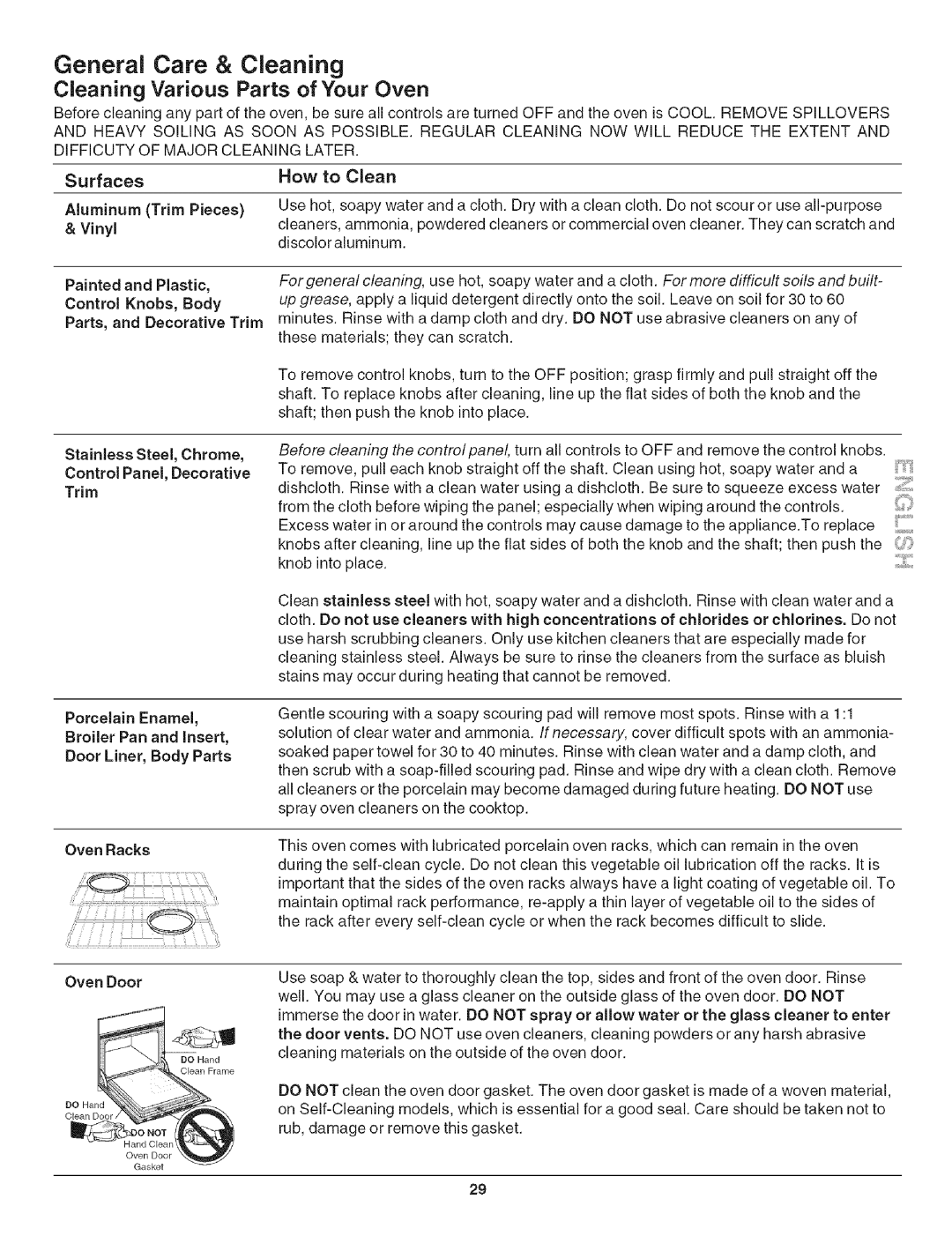 Kenmore 790.4906 manual General Care & Cleaning, Difficuty of Major Cleaning Later, Porcelain Enamel, Oven Door 