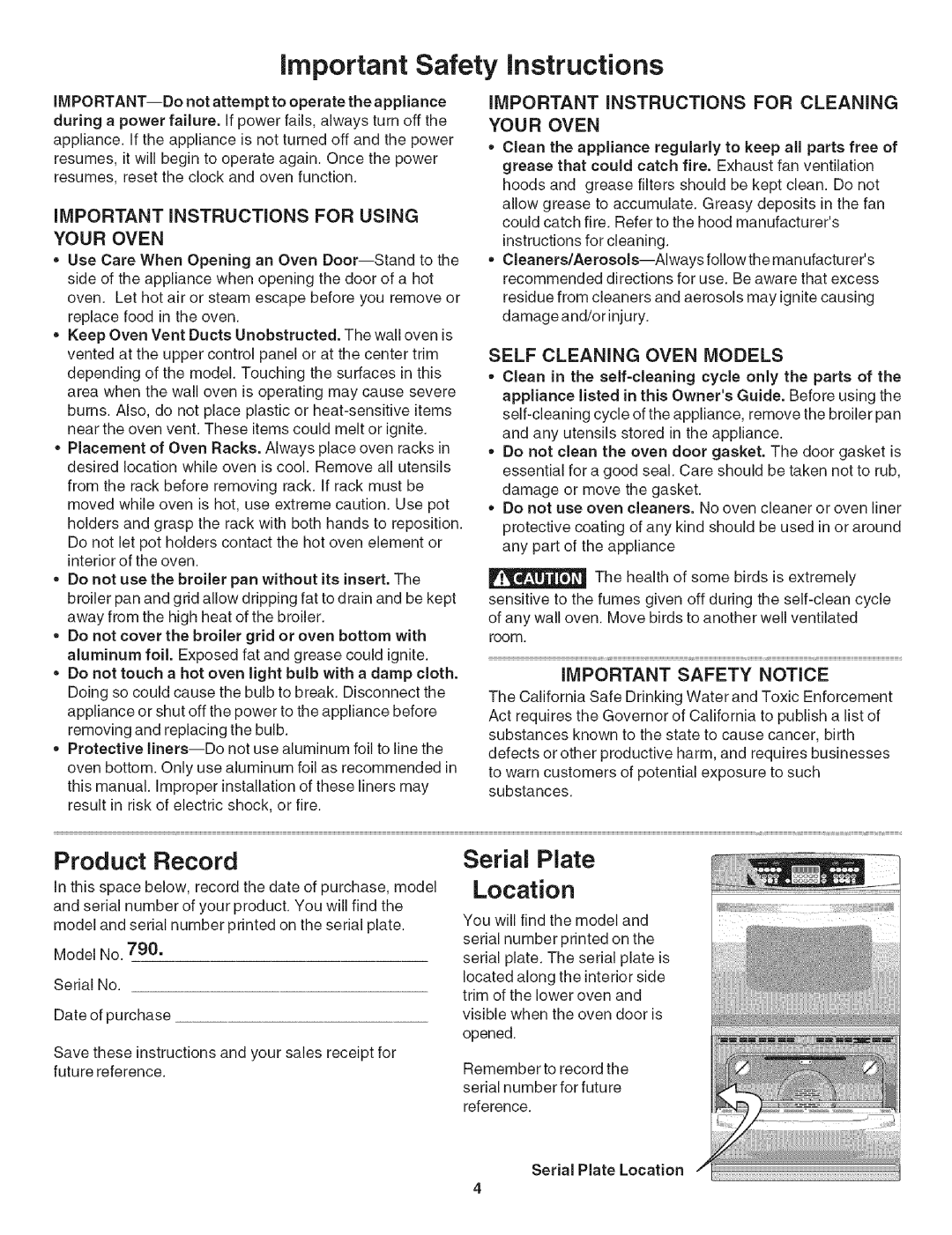 Kenmore 790.4906 manual Product Record, Serial Plate Location, Your Oven 