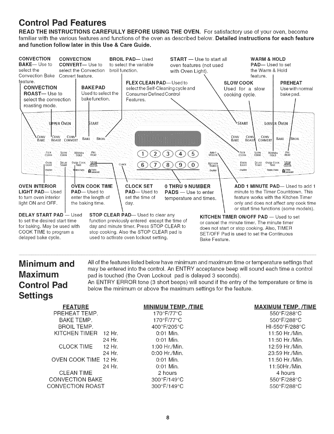 Kenmore 790.4906 manual Control Pad Features, Maximum, Settings 