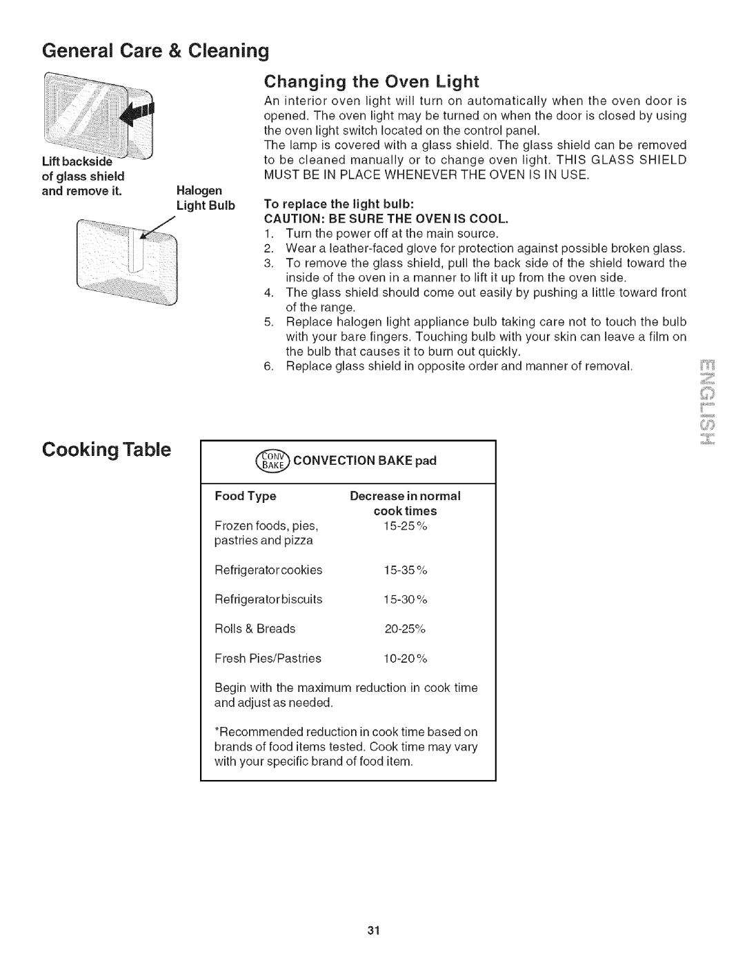 Kenmore 790.4906 manual Cooking Table, General Care & Cleaning, Changing the Oven Light 