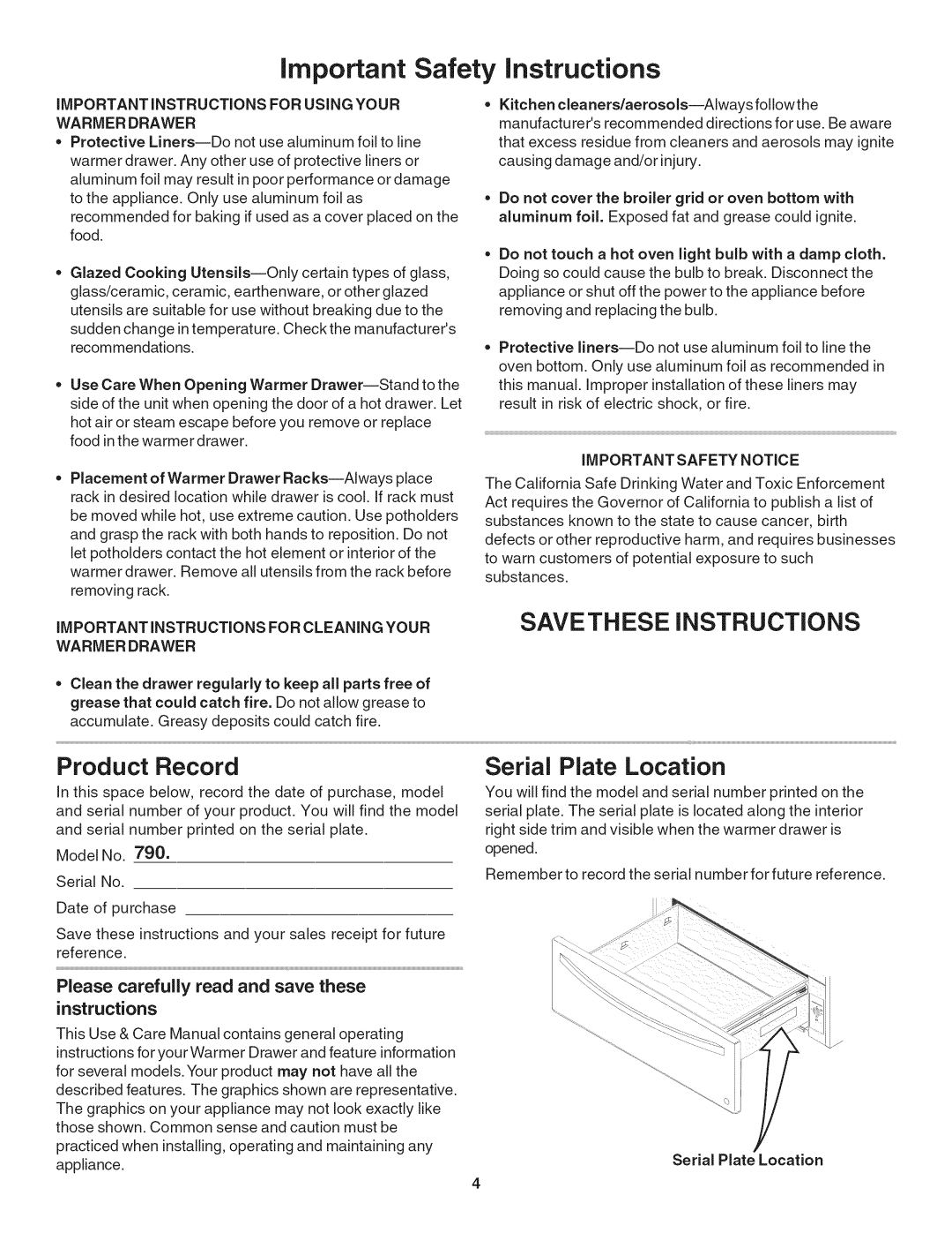 Kenmore 790.4918, 790.4921 Savethese Instructions, Product Record, Serial Plate Location, important Safety instructions 