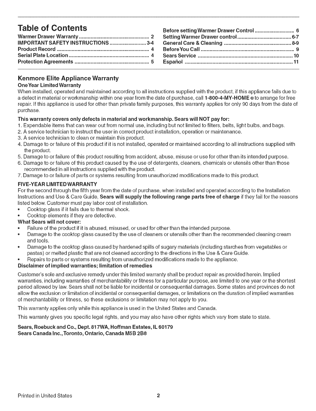 Kenmore 790.492 manual Table of Contents 