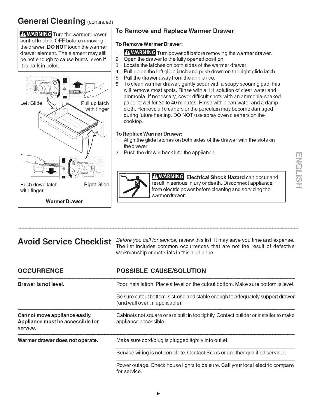 Kenmore 790.492 manual General Cleaning, To Remove and Replace Warmer Drawer 