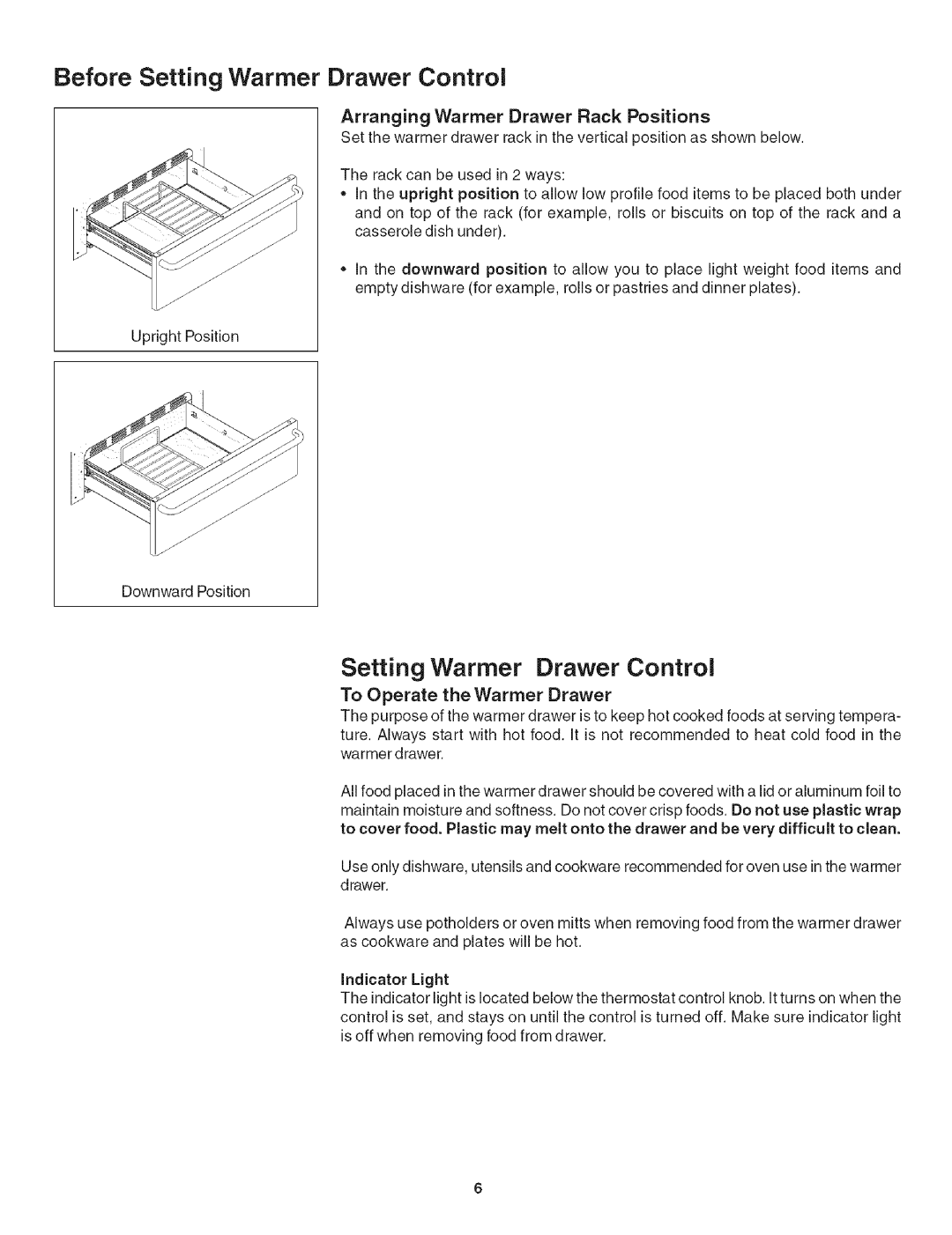 Kenmore 790.492 Before Setting Warmer Drawer Control, Arranging Warmer Drawer Rack Positions, To Operate the Warmer Drawer 