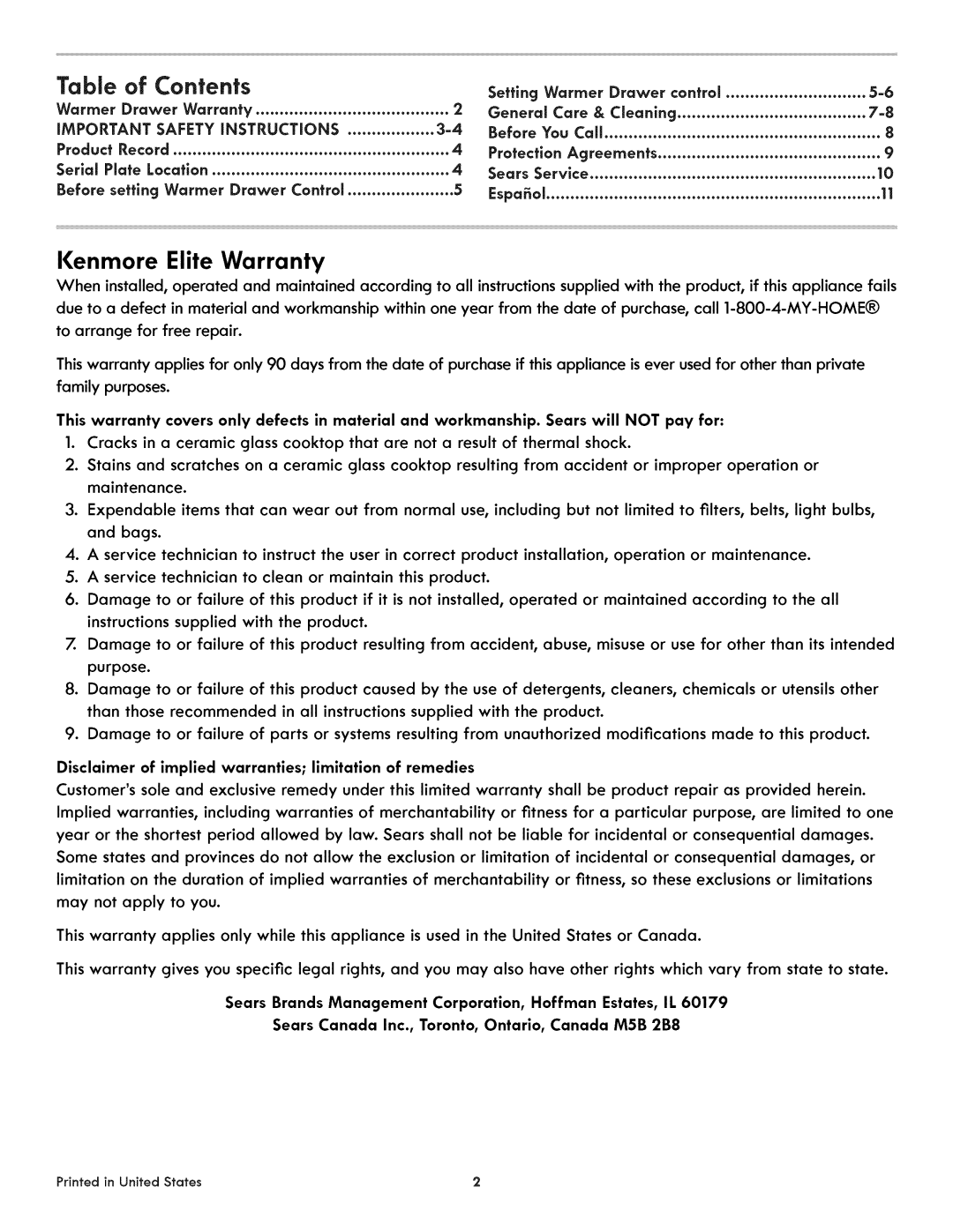 Kenmore 790.4928, 4931 manual Table of Contents, Kenrnore Elite Warranty 