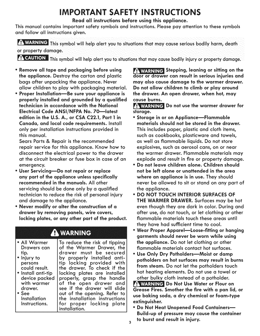 Kenmore 4931 Read all instructions before using this appliance, Drawer. An open drawer, when hot, may, Should, Potholders 