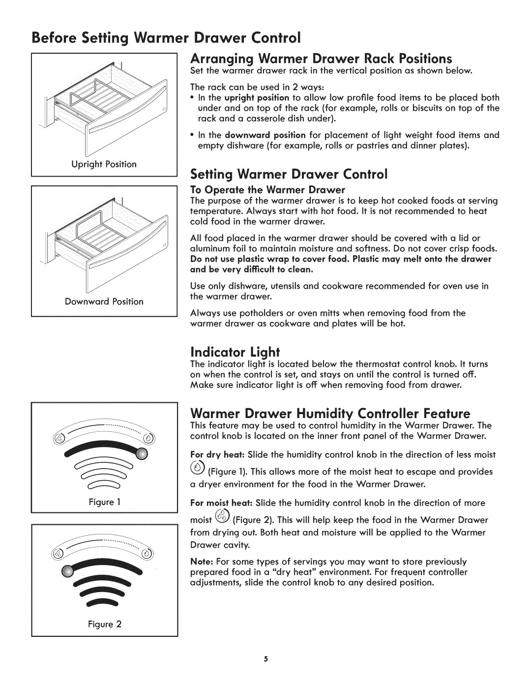 Kenmore 4931, 790.4928 manual Before Setting Warmer Drawer Control, Indicator Light, Arranging Warmer Drawer Rack Positions 