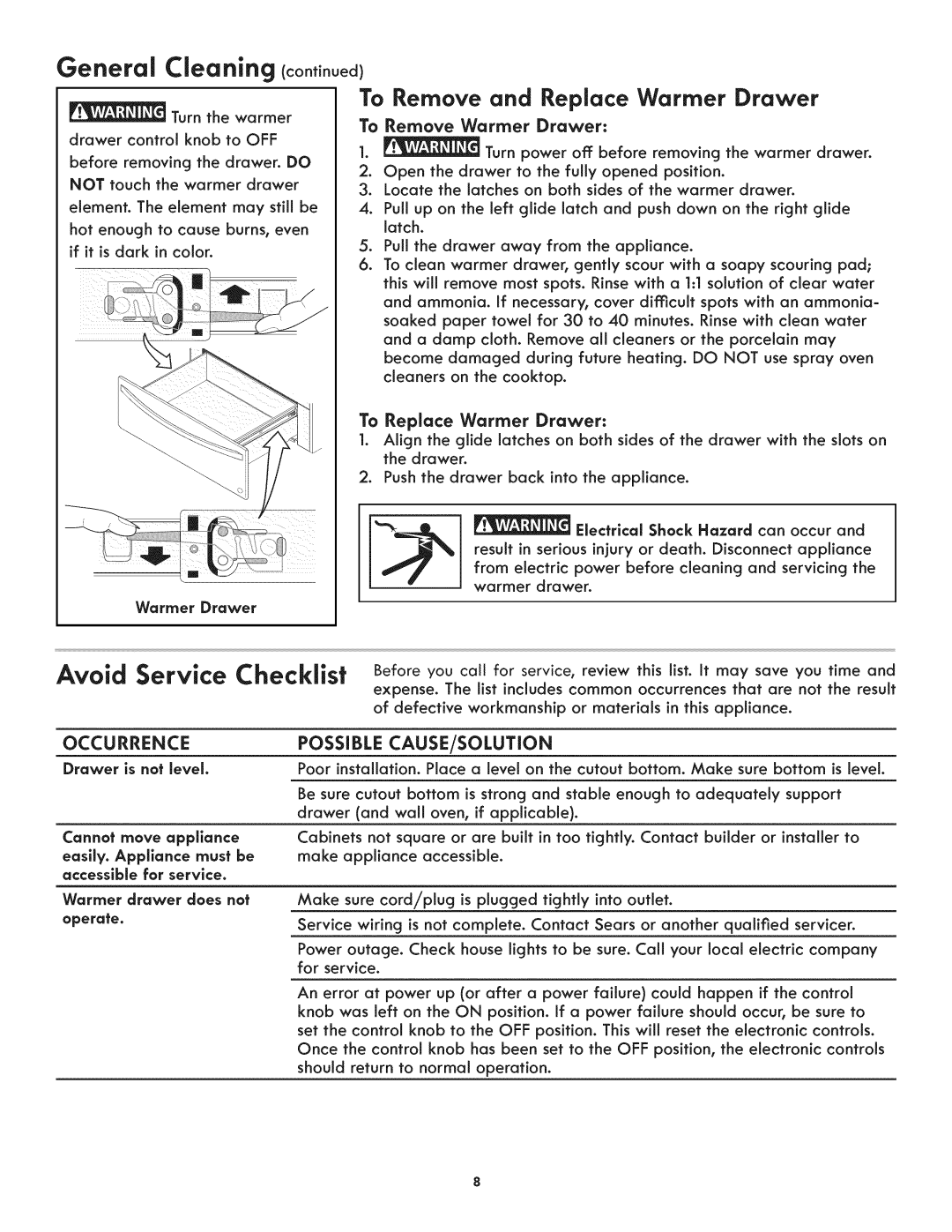 Kenmore 790.4928 General Cleaning Ccont nuedl, To Remove and Replace Warmer Drawer, Occurrence, Possible CAUSE/SOLUTION 