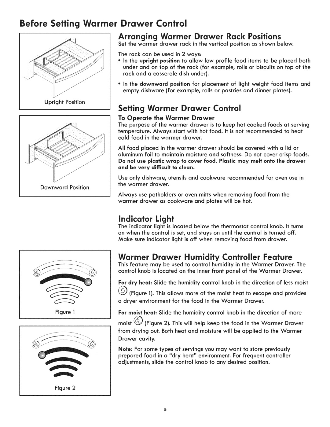 Kenmore 4931, 790.4928 manual Before Setting Warmer Drawer Control, indicator Light, Arranging Warmer Drawer Rack Positions 