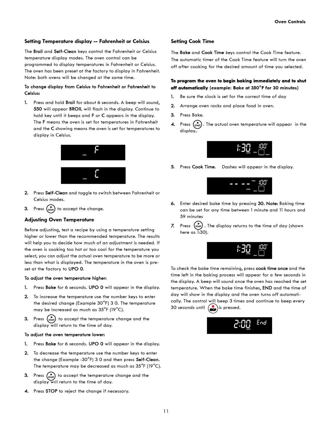 Kenmore 790.4941 manual Setting Cook Time, Adjusting Oven Temperature, Setting Temperature display -- Fahrenheit or Celsius 