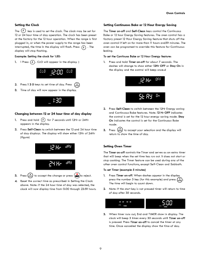 Kenmore 790.4941, 790.4943 manual Setting the Clock, Setting Continuous Bake or 12 Hour Energy Saving, Setting Oven Timer 