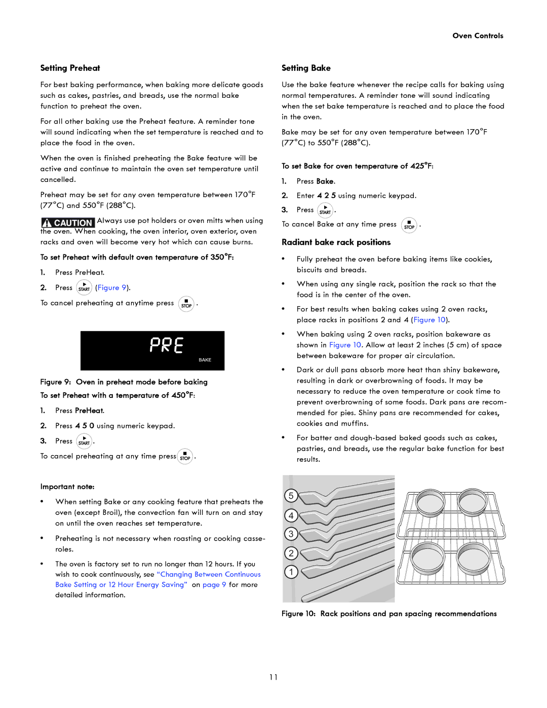 Kenmore 790.4951 Setting Preheat, Setting Bake, Radiant bake rack positions, To set Bake for oven temperature of 425F 