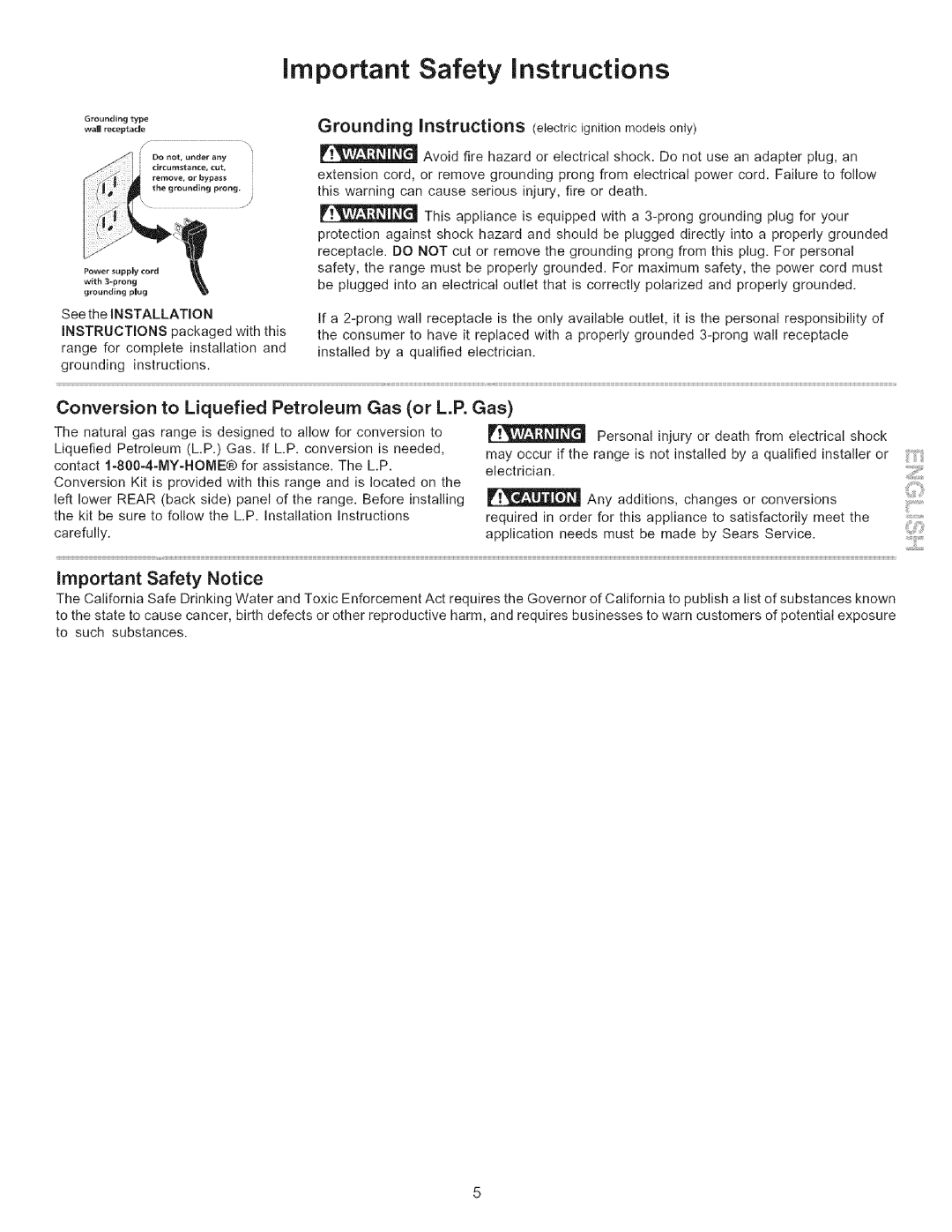 Kenmore 790.7042 manual Conversion to Liquefied Petroleum Gas or L.P. Gas, Important Safety Notice, Grounding Instructions 