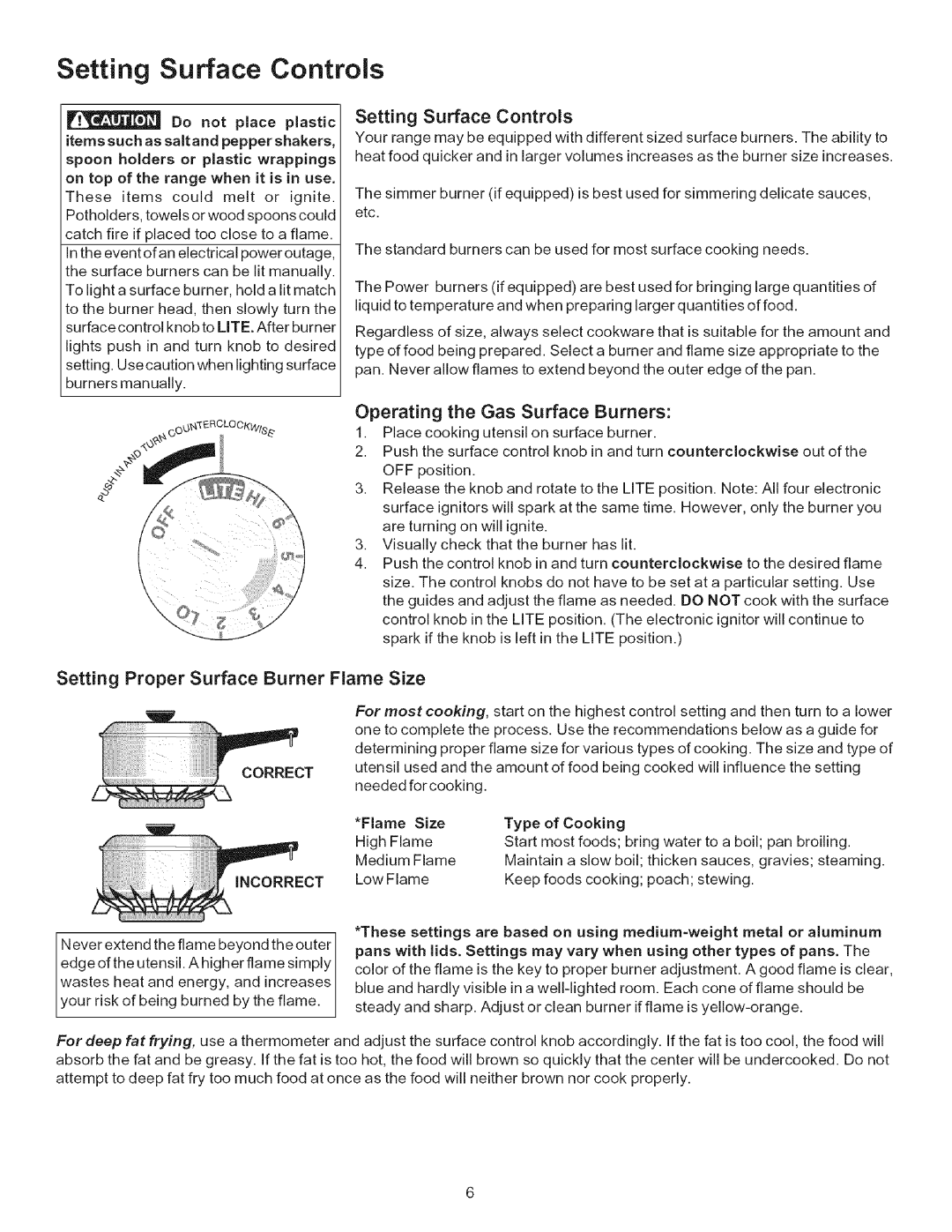 Kenmore 790.7011 Setting Surface Controls, Operating the Gas Surface Burners, Setting Proper Surface Burner Flame Size 