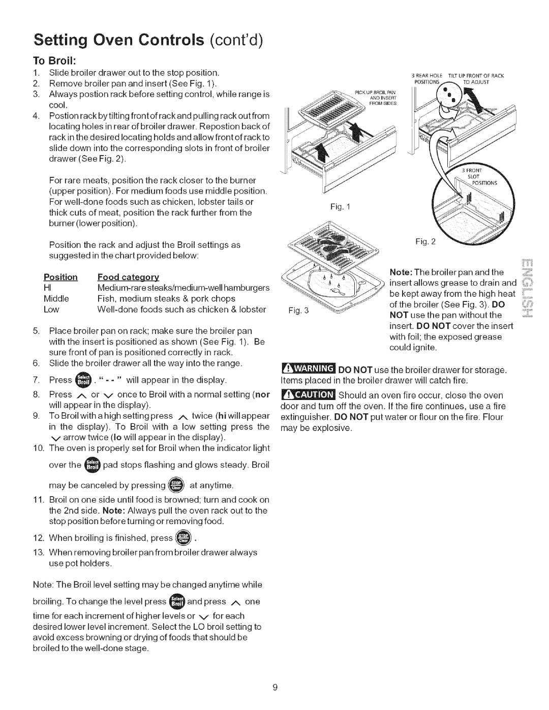 Kenmore 790.7042, 790.7011 Setting Oven Controls contd, To Broil, Food cate oggzy, Middle Fish, medium steaks & pork chops 