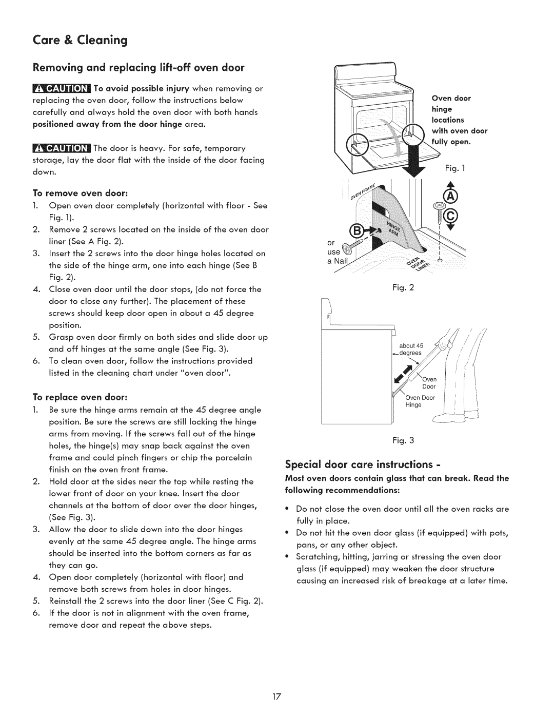 Kenmore 790.7060, 790.7050 Removing and replacing lift-offoven door, Special door care instructions, To remove oven door 