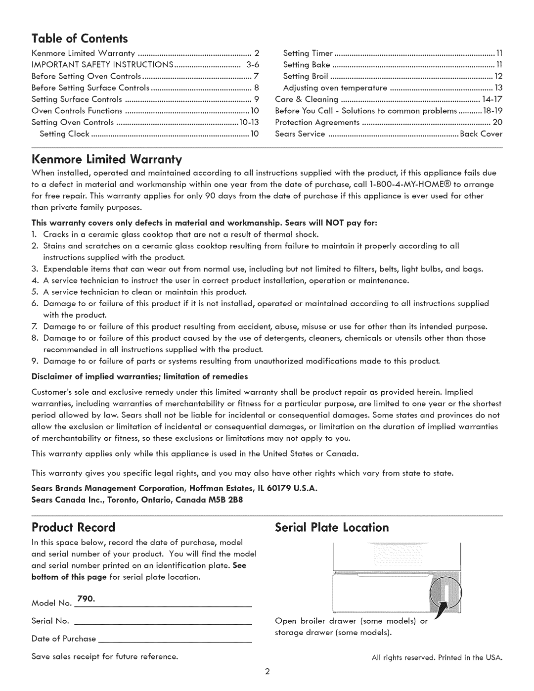 Kenmore 790.7050, 790.7060 manual Kenmore Limited Warranty, Product Record, Serial Plate Location, Contents 