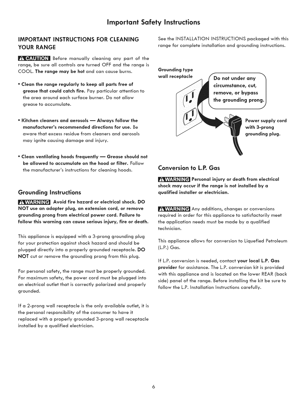 Kenmore 790.7050, 790.7060 Conversion to L.P.Gas, INSTRUCTiONS, Grounding prong from electrlcal power cord. Failure to 