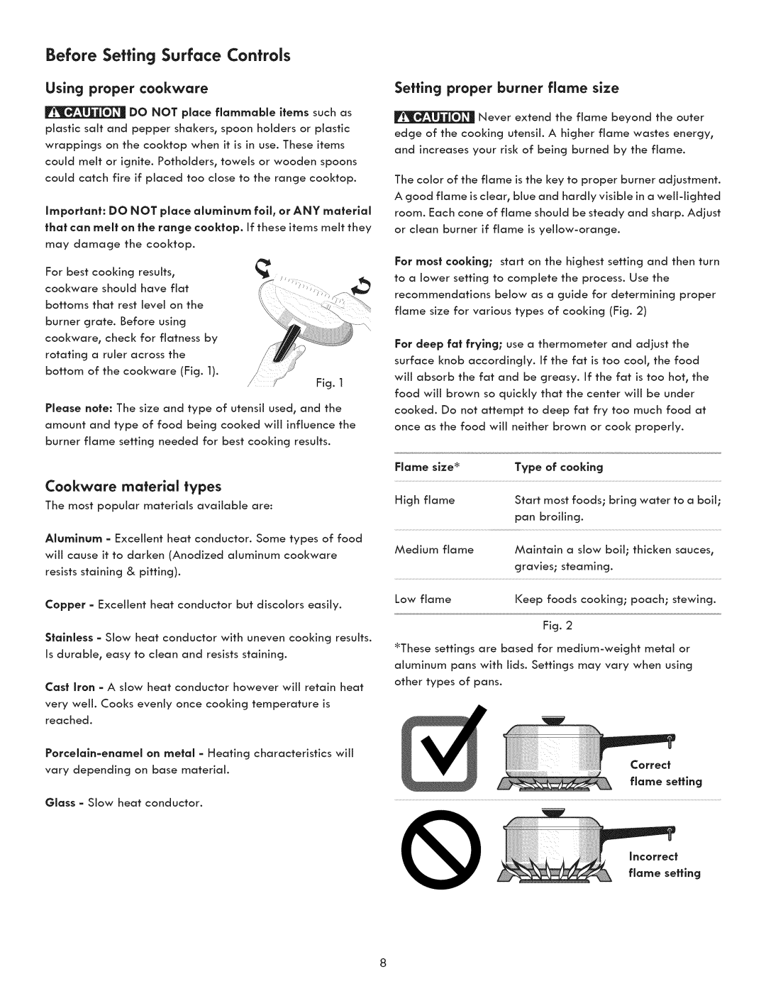 Kenmore 790.7050, 790.7060 manual Before Setting Surface Controls, Using proper cookware, Cookware material types 