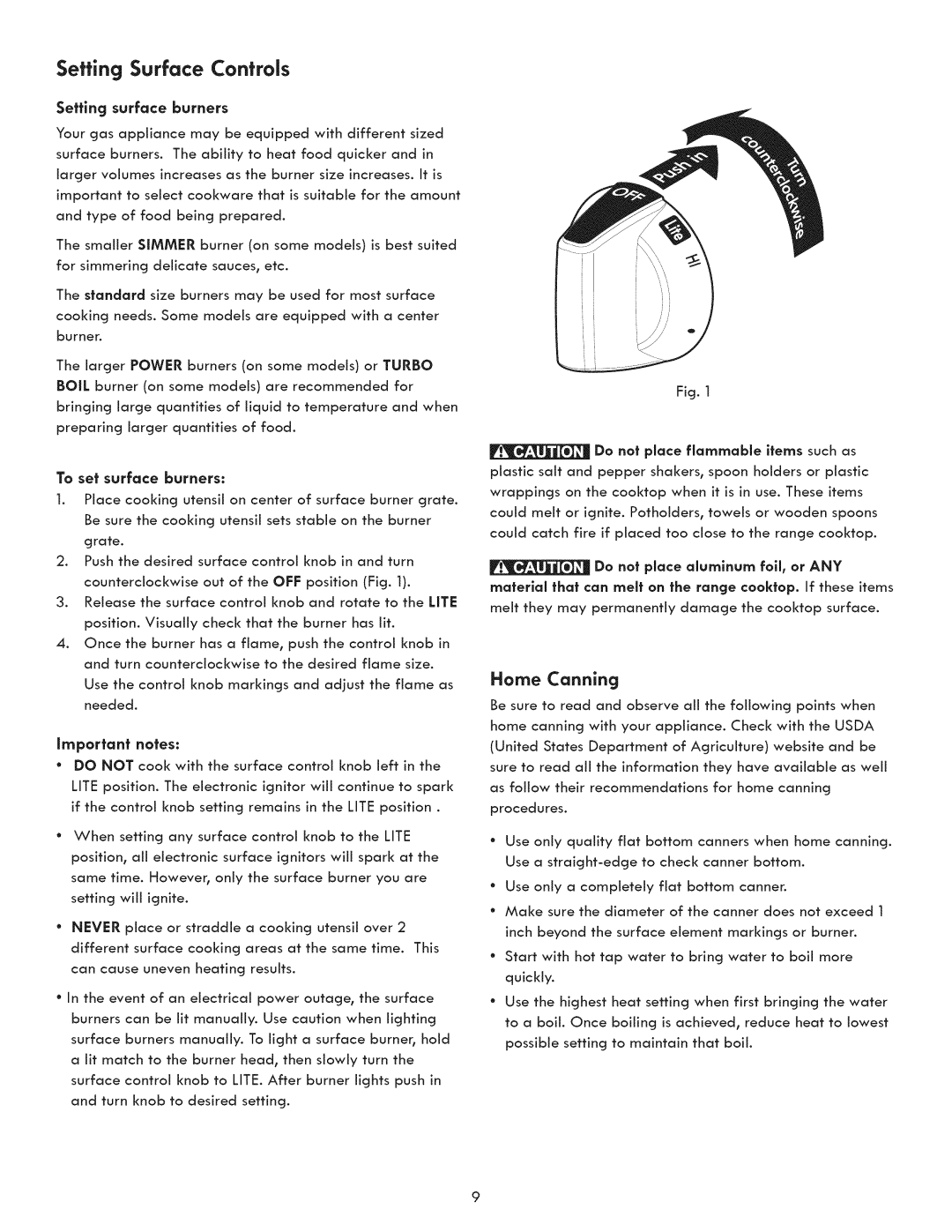 Kenmore 790.7060, 790.7050 manual Setting Surface Controls, Home Canning, Setting surface burners, Important notes 