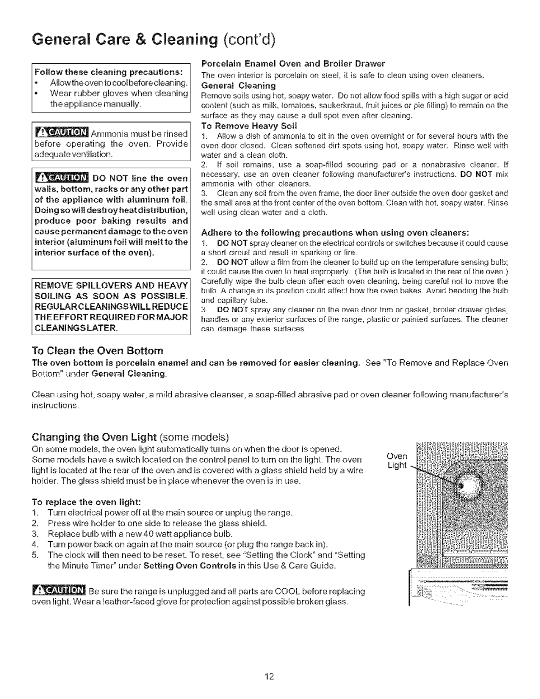 Kenmore 790.7116 General Care & Cleaning contd, To Clean the Oven Bottom, Changing the Oven Light some models, Interior 