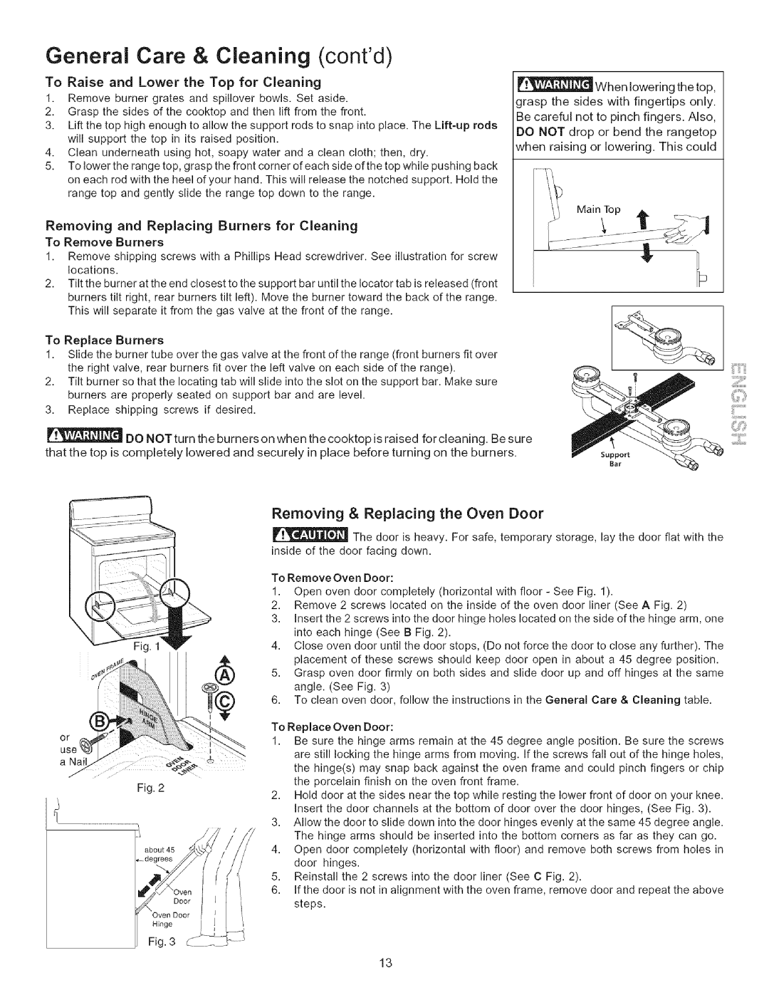Kenmore 790.7115, 790.7116 manual Removing & Replacing the Oven Door, To Raise and Lower the Top for Cleaning 