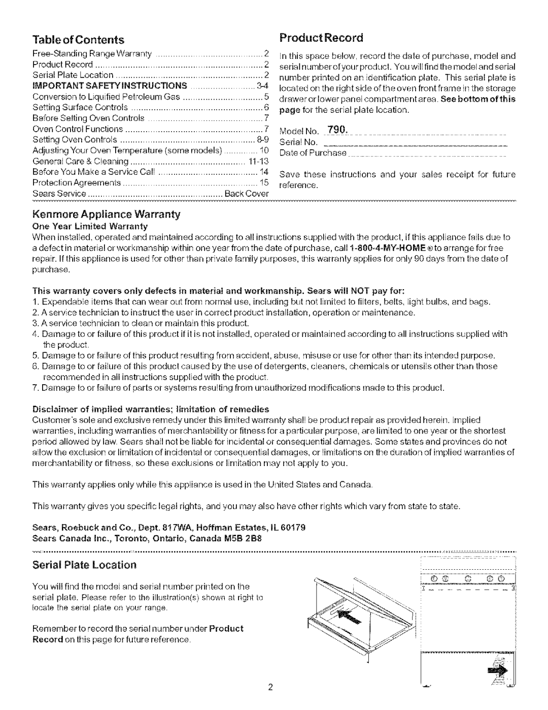 Kenmore 790.7116, 790.7115 manual Kenmore Appliance Warranty, Serial, Plate Location 