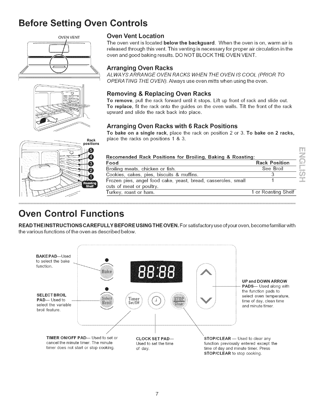 Kenmore 790.7115 manual Before Setting Oven Controls, Oven Control Functions, Arranging Oven Racks with 6 Rack Positions 
