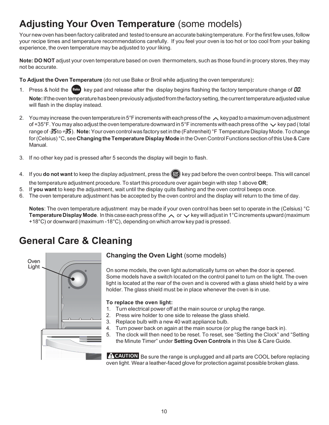 Kenmore 790.7131 Adjusting Your Oven Temperature some models, General Care & Cleaning, Changing the Oven Light some models 