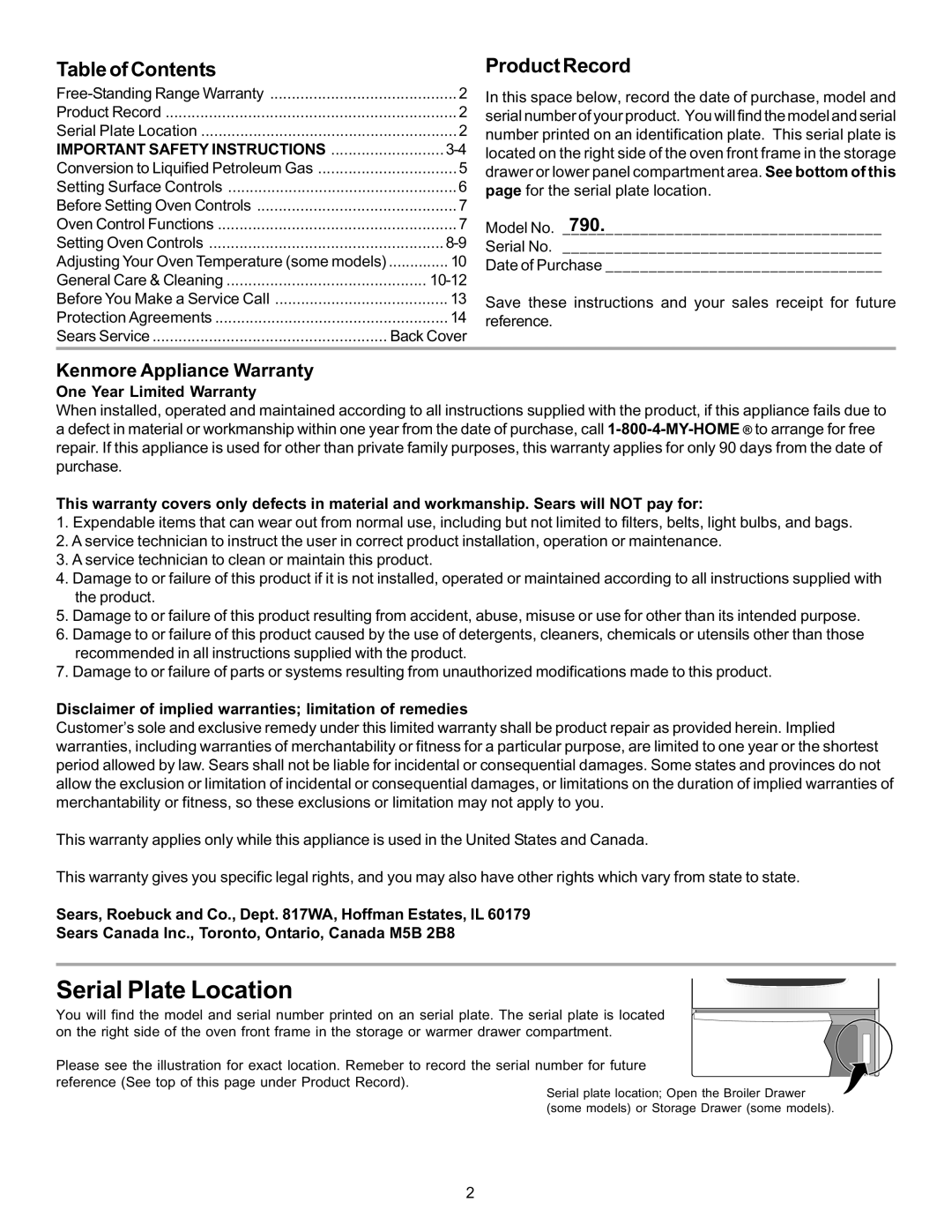 Kenmore 790.7131 manual Serial Plate Location 