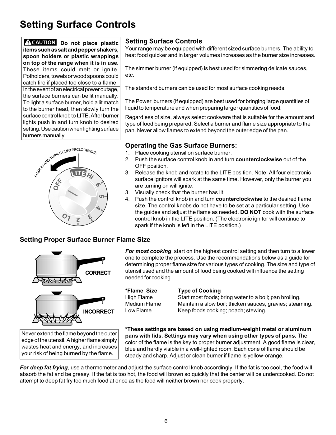 Kenmore 790.7131 Setting Surface Controls, Operating the Gas Surface Burners, Setting Proper Surface Burner Flame Size 