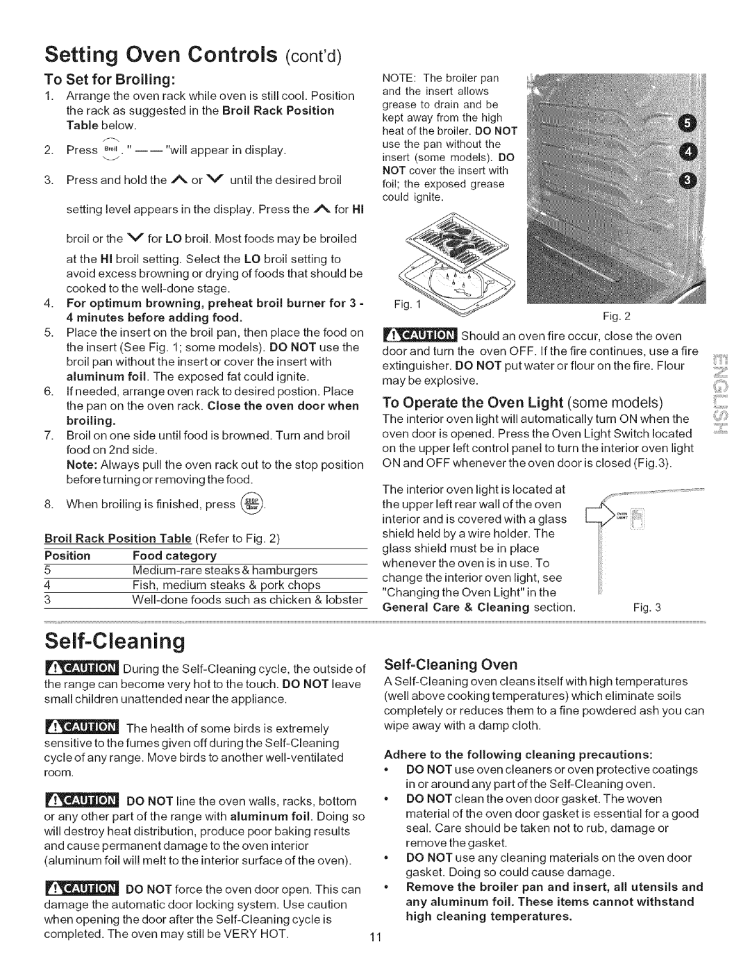 Kenmore 790.7156 Self-Cleaning, Setting Oven Controls contd, To Set for Broiling, To Operate the Oven Light some models 