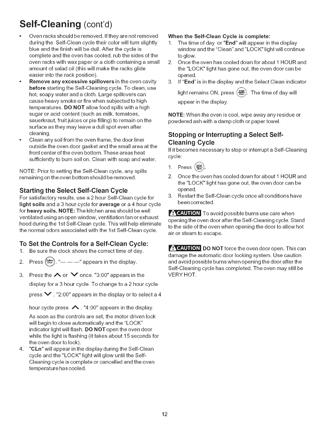 Kenmore 790.7156 Self-Cleaning contd, Starting the Select Self=Clean Cycle, To Set the Controls for a Self=Clean Cycle 