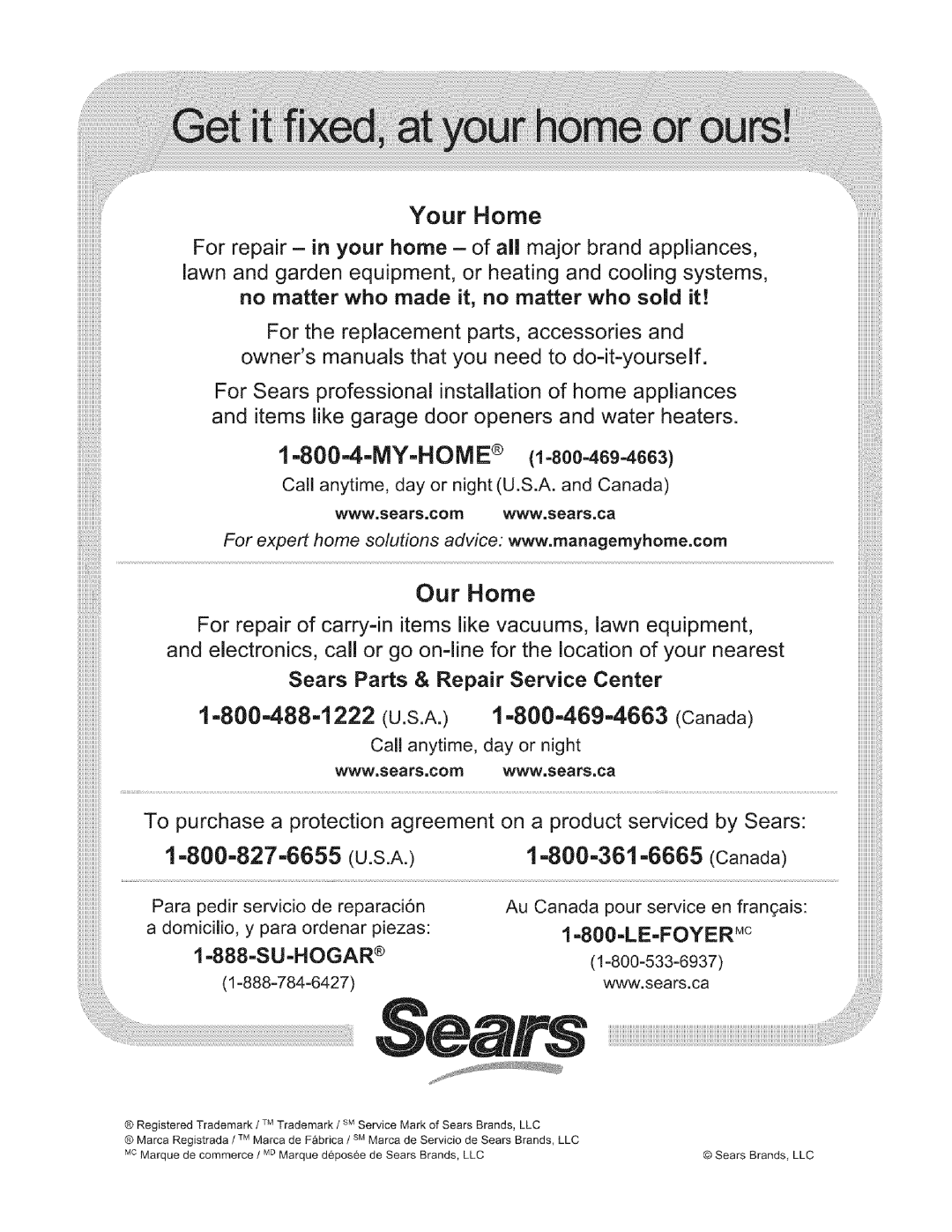 Kenmore 790.7156 manual Call anytime, day or night U.S.A. and Canada, Canada Iiiiiiiiiiiiiiil, Call anytime Day Or night 