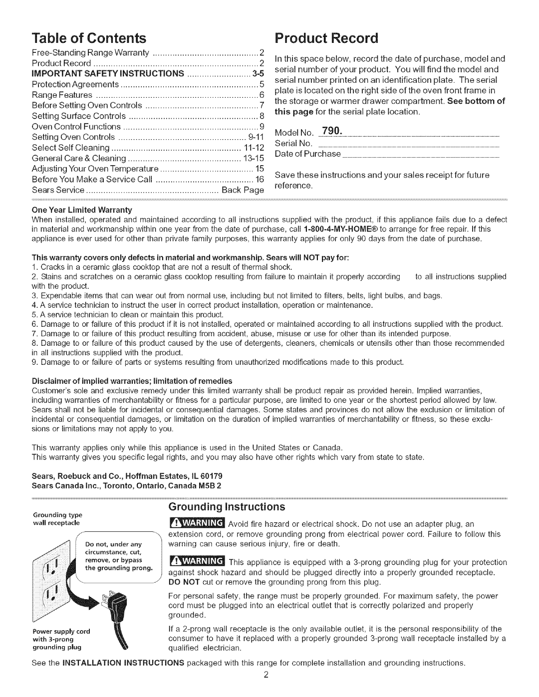 Kenmore 790.7156 manual Grounding Instructions 