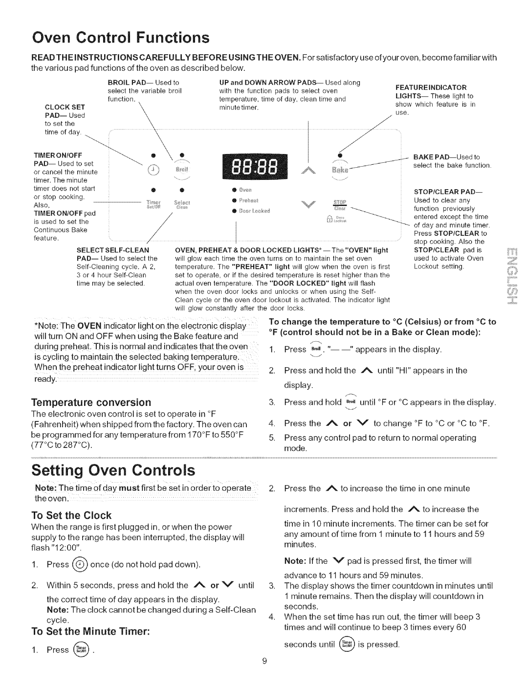 Kenmore 790.7156 manual Setting Oven Controls, Igi, Temperature conversion, To Set the Clock, To Set the Minute Timer 