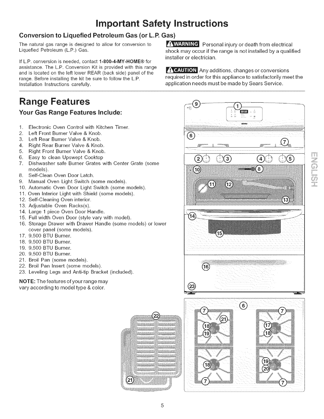 Kenmore 790.7156 manual Range Features, important Safety instructions, Conversion to Liquefied Petroleum Gas or L.P. Gas 