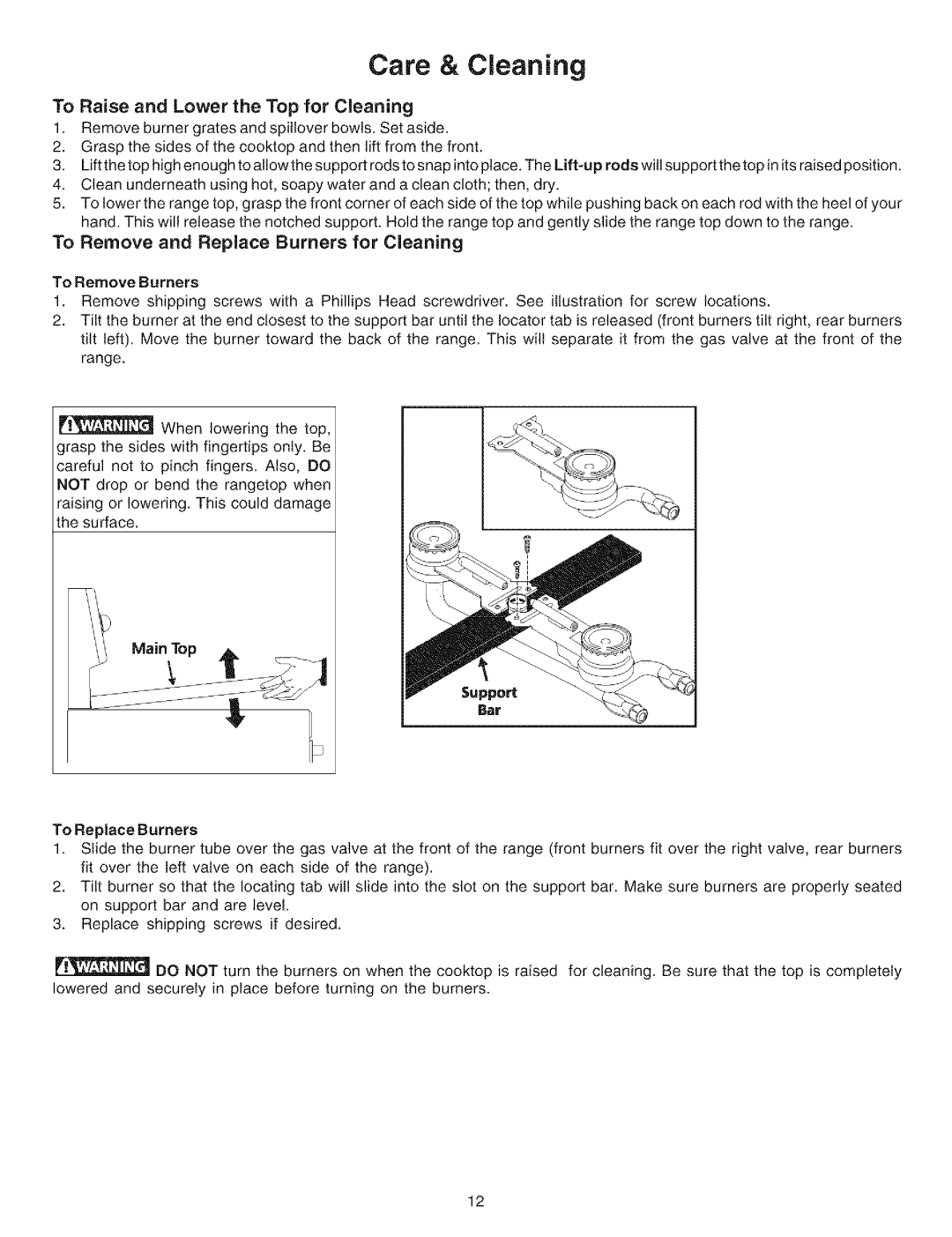 Kenmore 790.72114, 790.71011 manual To Raise and Lower the Top for Cleaning, To Remove and Replace Burners for Cleaning 