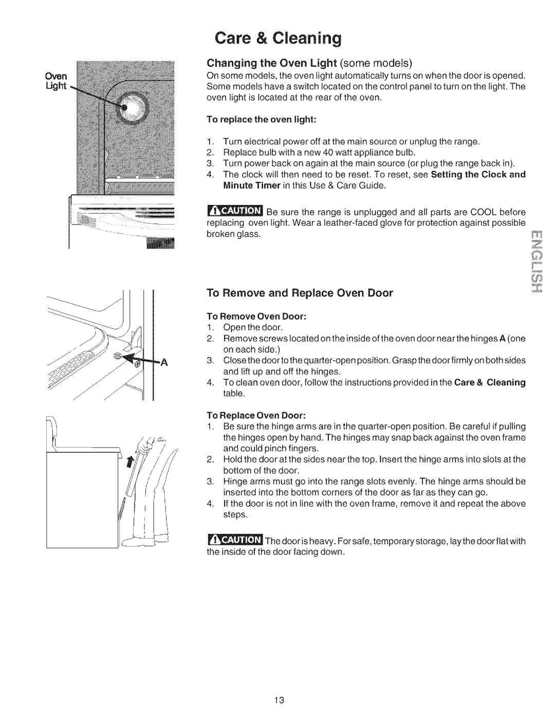 Kenmore 790.71002 Care Cleaning, Changing the Oven Light some models, To Remove and Replace Oven Door, To Remove Oven Door 